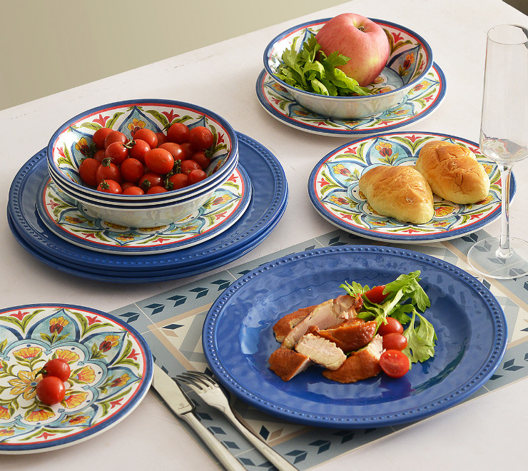 Melamine Dinnerware Sets, 12Pcs Dishes Set for 4, Plates and Bowls Sets Outdoor Dinnerware, Dishwasher Safe BPA free (Re