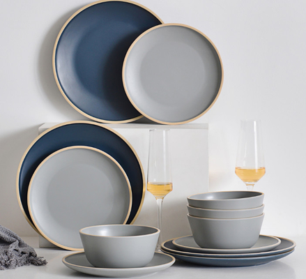 Ensemble de vaisselle en mélamine Gufaith, Ensemble de assiettes et de bols, Ensemble de plats pour 4, Ensemble de vaisselle en plein air, Couleur bleue et grise, moderne